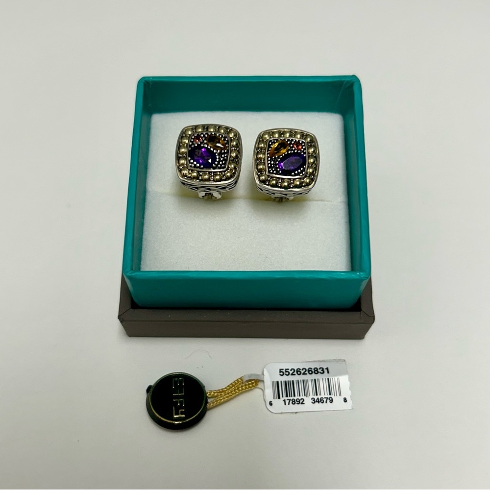 Effy BALISSIMA Multi Gemstone Sterling Silver & 18k Gold Square Stud Earrings - Picture 2 of 5